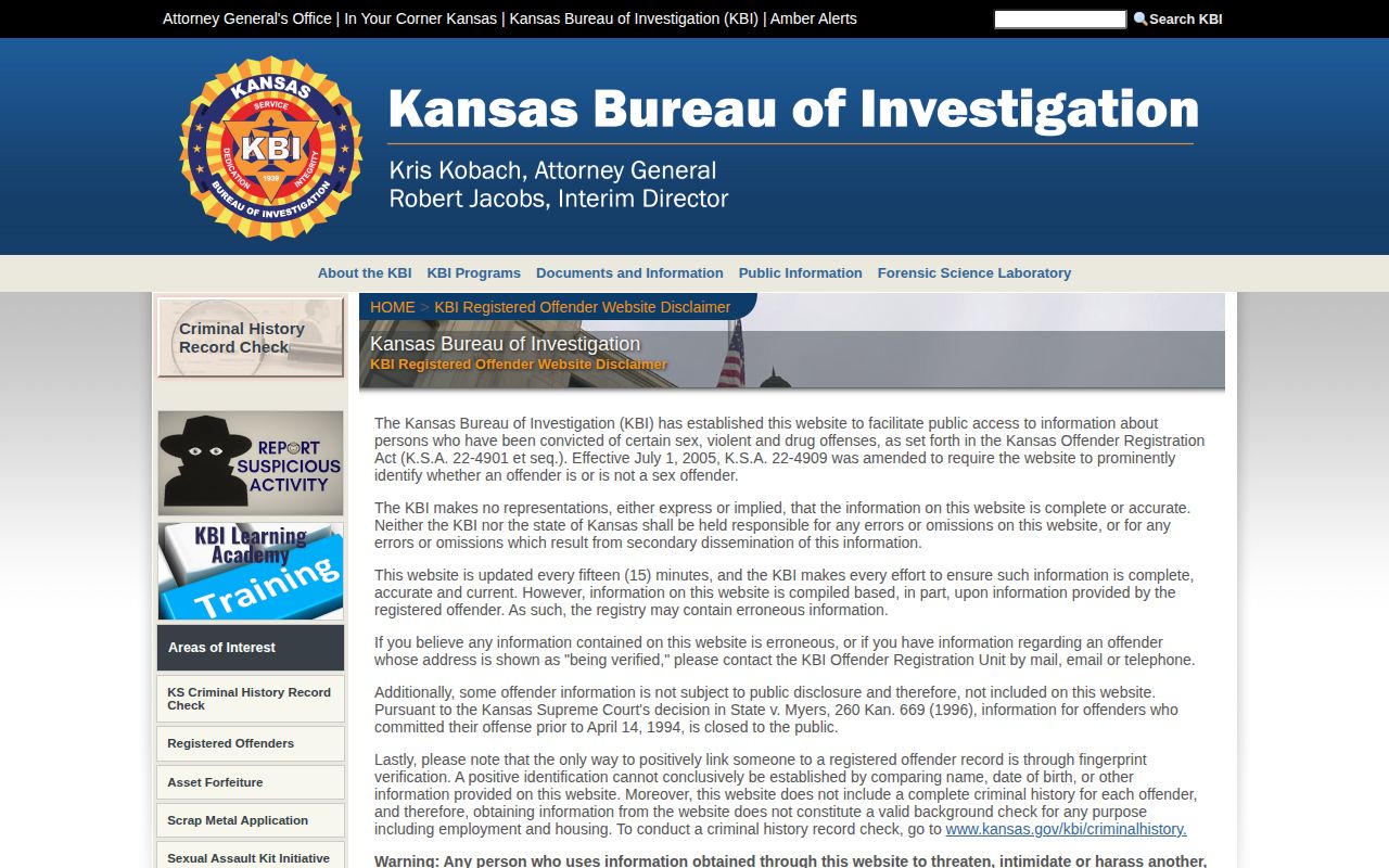 Kansas KBI registered-offender search gateway for qualifying records
